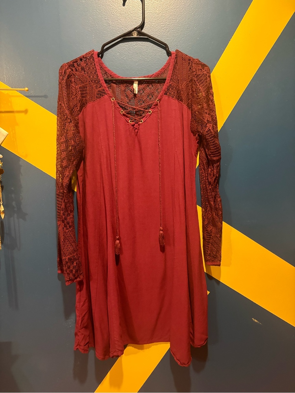 Vanity Burgundy Long Lace Sleeve Trapeze Mini Dress NWOT